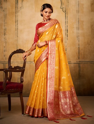 Banarasi tissue silk Yellow saree