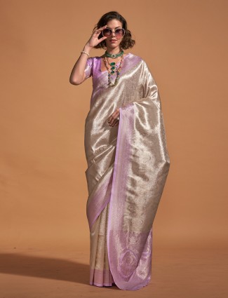 Beautiful beige and lavender kanjivaram silk saree