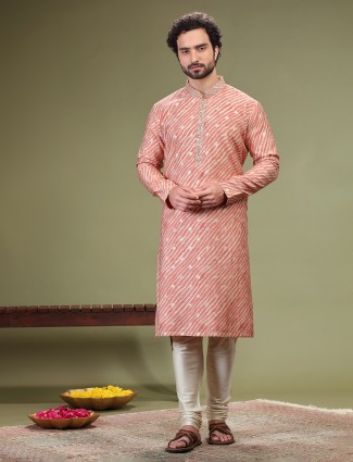 Beautiful coral pink printed cotton silk kurta suit