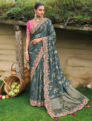 Beautiful grey dola silk saree