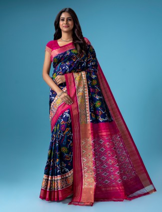 Beautiful patola printed navy silk saree
