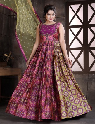 Beautiful pink bandhej silk wedding wear floor length anarkali suit