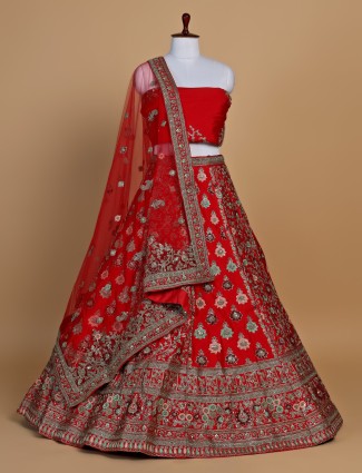 Beautiful red unstitched lehenga choli for bridal