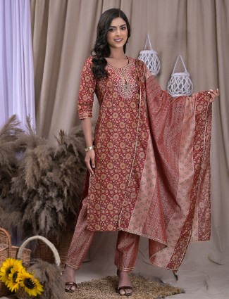 Beautiul maroon silk printed kurti set