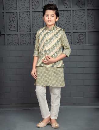 Beige and green printed cotton waistcoat set
