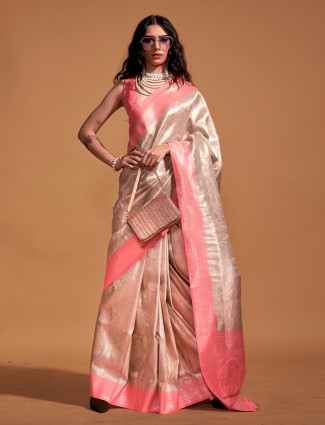 Beige and pink kanjivaram silk saree