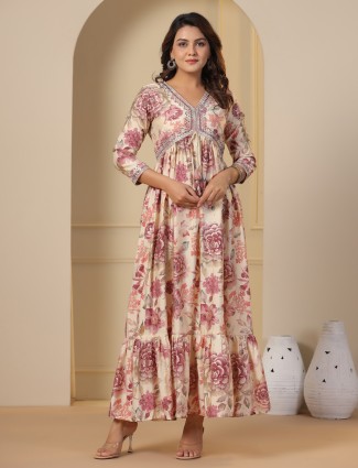 Beige and pink printed cotton kurti
