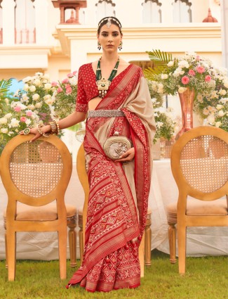 Beige and red silk printed saree
