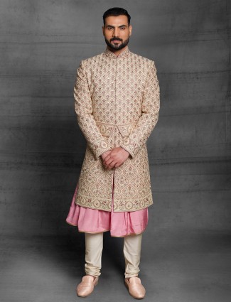 Beige color attractive silk sherwani for wedding event
