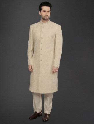 Beige color silk designer sherwani