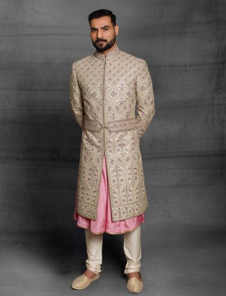 beige color wedding wear silk sherwani for mens
