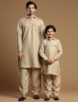 Beige festive wear matching father son cotton silk plain pathani suit