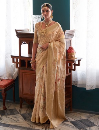 Beige floral printed saree in soft silk