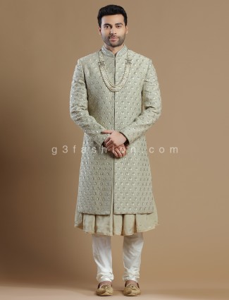 Beige raw silk groom wear men sherwani
