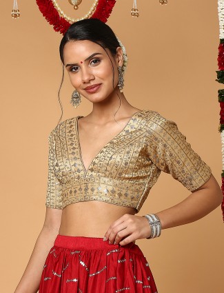 Beige silk embroidery blouse