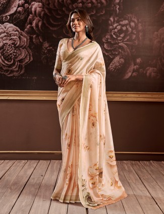 Beige silk floral printed saree