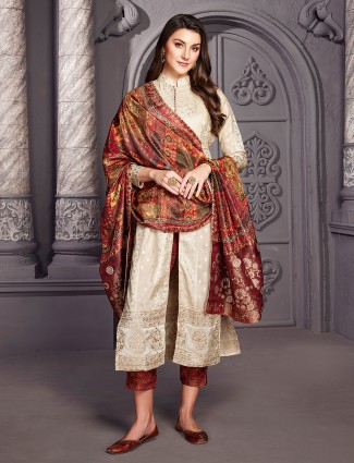 Beige silk salwar suit with printed dupatta
