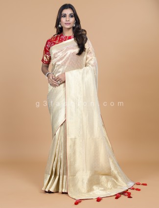 Cream wedding wear tissue silk saree