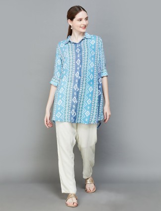 Buy White Blue Jaipuri Printed Cotton Kurta with Pants - Set of 2 | STL