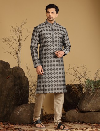 Black and grey silk printed kurta suit