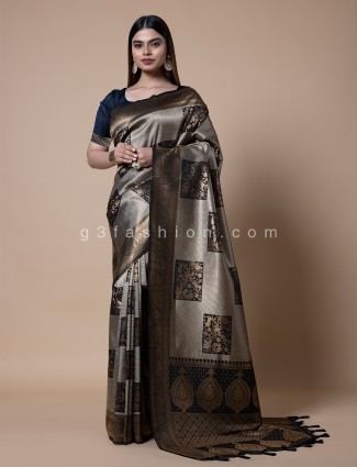 Black and grey silk zari weaving saree
