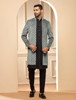 Black and grey terry rayon indowestern