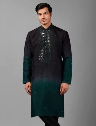 Black and rama blue shaded silk kurta suit