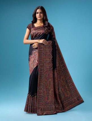 Black pashmina silk kashmiri weaving saree