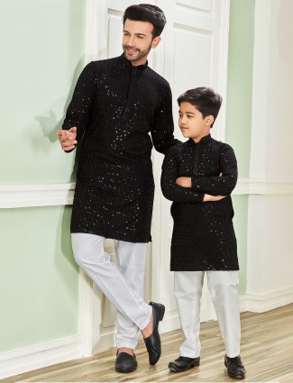 Black cotton kurta suit for father and son