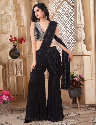 Black georgette sharara suit with attached dupatta