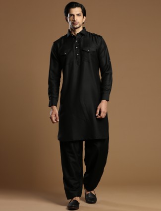 Black men festive occasions cotton silk pathani suit