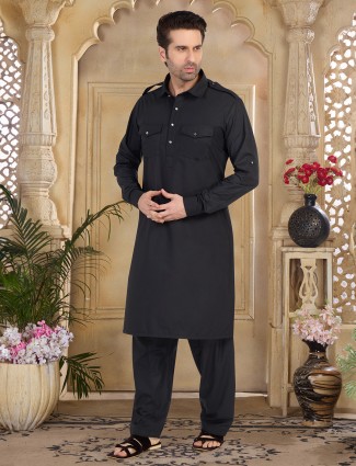Black plain cotton pathani suit for festive