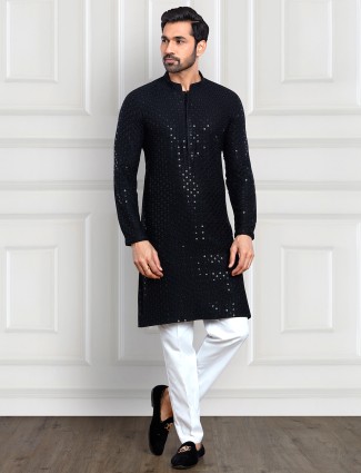 Black rayon cotton kurta suit with embroidery