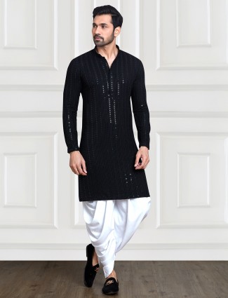 Black rayon cotton kurta with peshawari dhoti