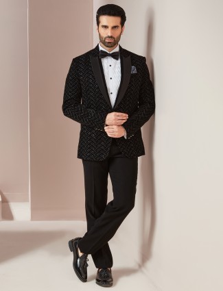 Black reception wear velvet coat suit