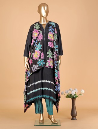 Black silk printed jacket style salwar suit