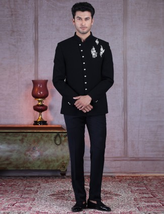 Black terry rayon designer jodhpuri suit with thread work