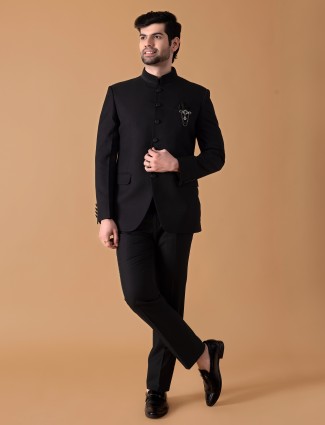 Black terry rayon plain jodhpuri suit