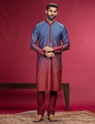 Blue and maroon shaded printed kurta suit