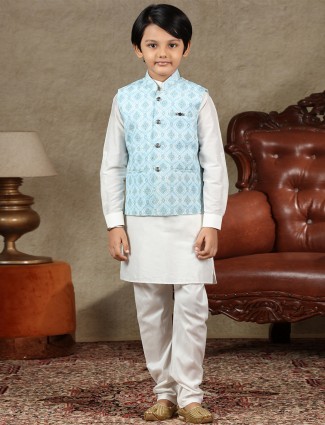 Blue and off white boys waistcoat set in cotton
