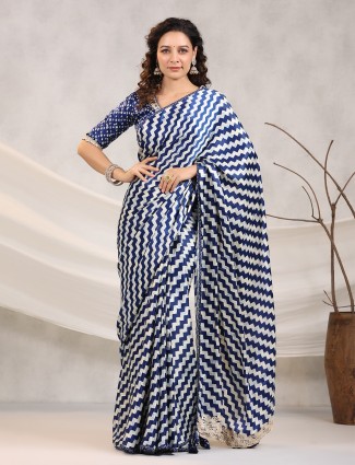 Blue and white muslin silk saree