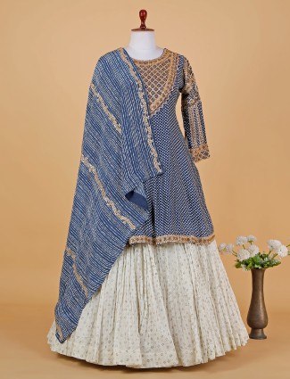 Blue and white printed silk lehenga suit