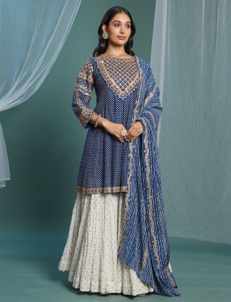 Blue and white printed silk lehenga suit