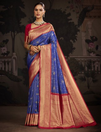 Blue banarasi silk saree with contrast border