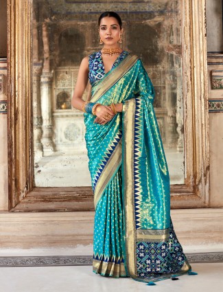 Blue banarasi silk saree with printed pallu
