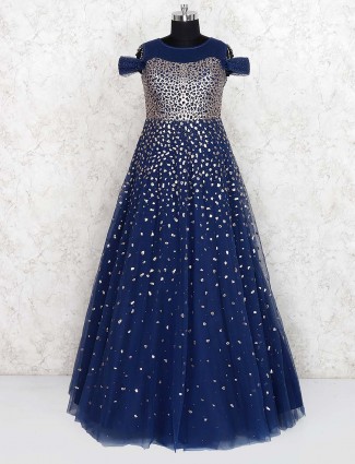 Blue color net fabric party floor length gown