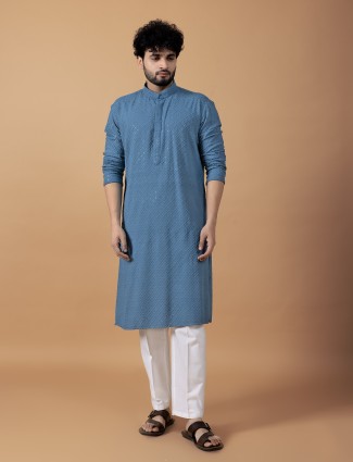 Blue cotton embroidery kurta suit for festive