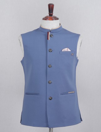 Blue hued solid waistcoat in silk