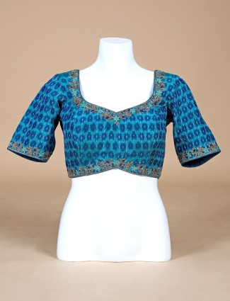 Blue printed cotton silk ready made blouse