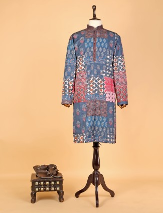 Blue printed silk kurta suit for festive